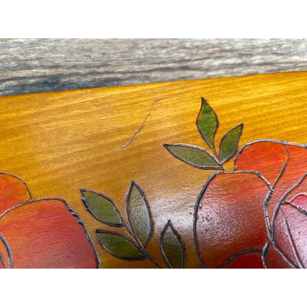 Vintage Wood Bread Serving Tray Carved Red Roses